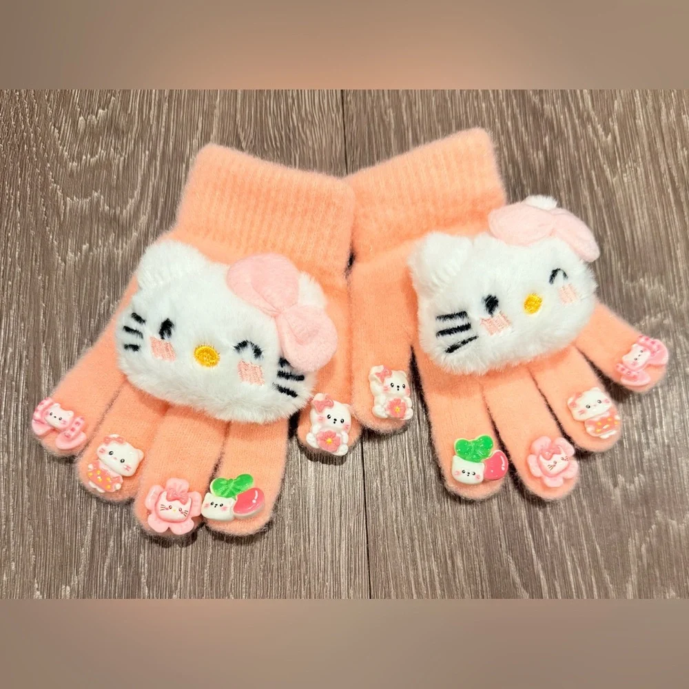 Sanrio hello Kitty knitted gloves with plush character faces and finger applique